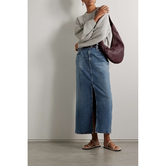 Agolde Leif Denim Maxi Skirt Indigo Blue High Waisted Front Slit Size 27